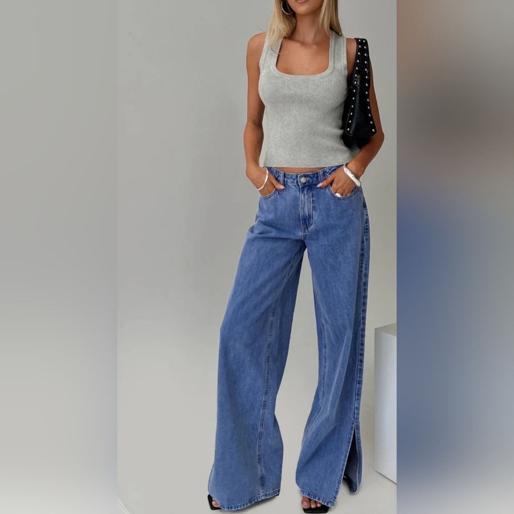 Princess Polly Lorinzo Low Rise Jean - Size 4 Wide Leg, Split Hem